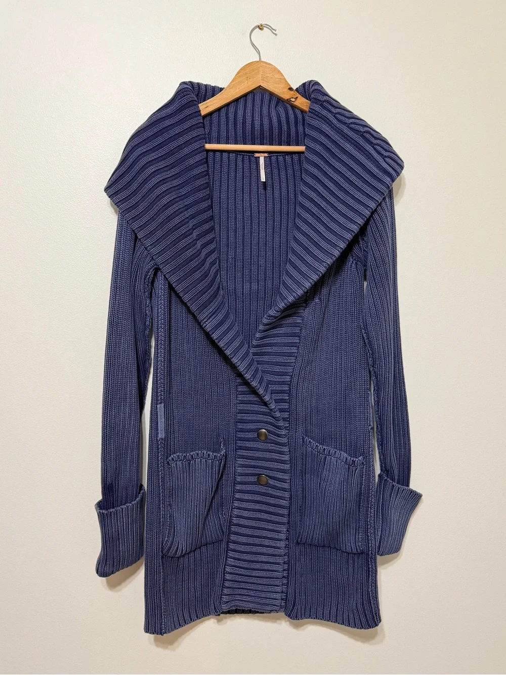 Free People Ryanne Long Haul Cardigan Size Large Chunky Knit Sweater Blue NWOT